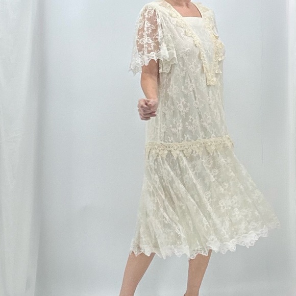 Vintage 80s Victorian Flapper Roaring 20s Wedding Cosplay Lace Drop Waist Dress - Picture 5 of 15